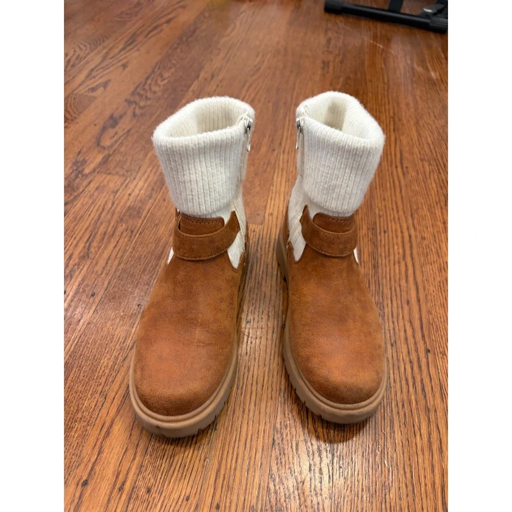 Cat & Jack Trista Girls Brown Faux Suede Ankle Boots Sweater Cuff Size 4